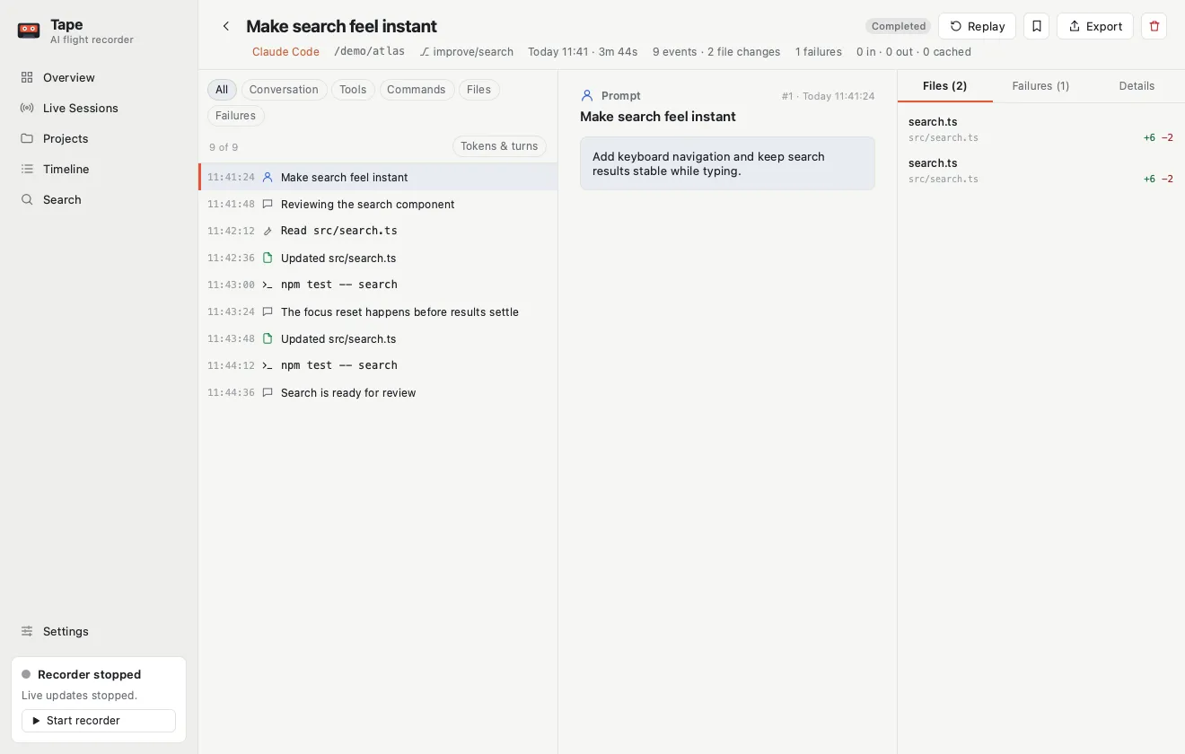 The native TAPE app showing a demonstration coding session, with its event timeline, commands and file changes.